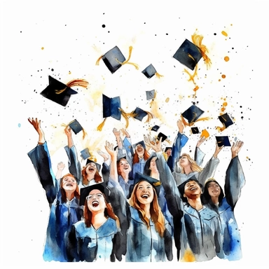 watercolor style, Graduation hat toss: Clipart showing a group of graduates throwing their caps in the air, celebrating the completion of their studies. clearly visible faces of participants. clipart, isolated on white background, 4K