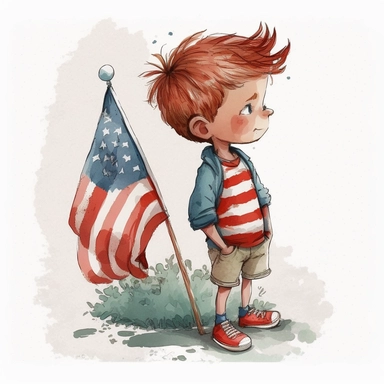 side boy kid with 4th of July theme,Watercolor style, Clipart,on white background