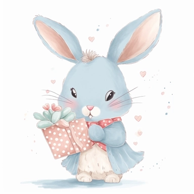 a shy baby Bunny with gifts Clipart, Peter rabbit, wearing a light blue coat covered in hearts, Nursery summer Clipart, Easter Clipart, summer Bunny, Crafting Digital Paper, Mother’s Day, white background