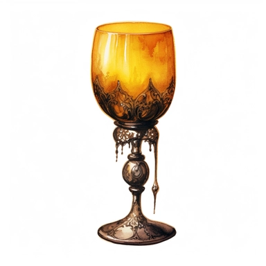 watercolour Victorian Gothic fancy wine glass, dark Gloomy shades of yellow, mysterious, fantasy, highly detailed, 32k, isoplated on a white background, clipart
