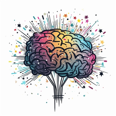 A cartoon brain with colorful sparks surrounding it, cartoon style, clip art, clean lines, ink lines, white background