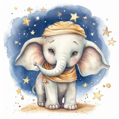 clipart de acuarela de dibujo infantil de elefante con luna y estrellas amarillassobre fondo trasero blanco, super detallado, 16k, full color, fotorealista, obra maestra, manchas de acuarela