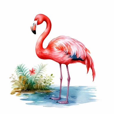 watercolor illustration of a beautiful and cute ping flamingo in nature clipart, in the style of realistic watercolor paintings, realistic, detailed, bright colours, white background, clipart, detailed