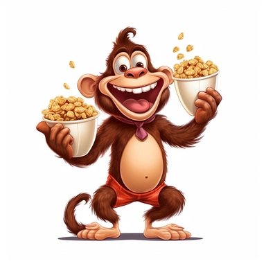 goofy laughing monkey, full body, holding a handful of peanuts, clipart, cartoon, white background