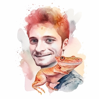 Adorable pet Gecko having happy moment with it's human owner, water color style, clipart, white background