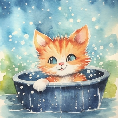 watercolor illustration, smiling with an open mouth kitten with a towel over the kitten's head and enjoying a hot spring, surrounded by gentle steam rising from the onsen water, feeling the pleasant sensation. Small bubbles dance through its fur, creating a mysterious yet beautiful sight. The cat stretches out, gradually unwinding, as the warmth of the onsen melts away the tension in its muscles. It gracefully savors the serene atmosphere and the gentle touch of nature, embracing the tranquility