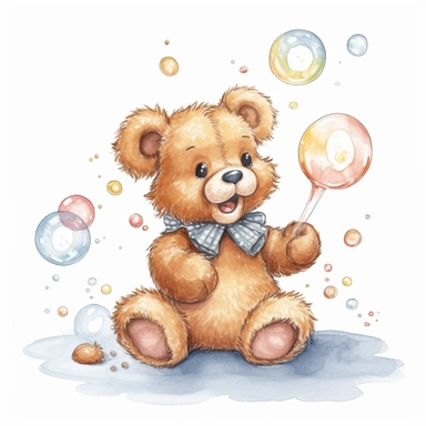 illustrated teddy bear blowing bubbles, clipart variation on a white background