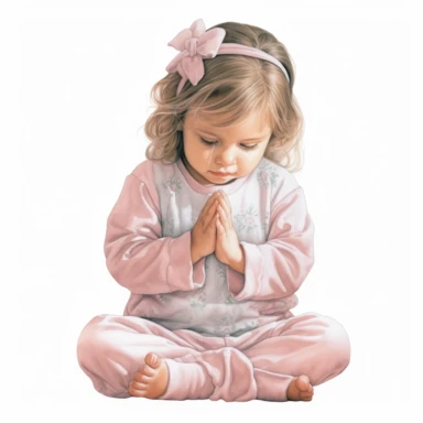 Watercolor cute praying little girl, kneeling by bed, pastel pink pajamas, beautiful details, ultra detailed, ultra photo real intricate detailed, high definition, graphic clipart, hyper realistic, detailed, white background