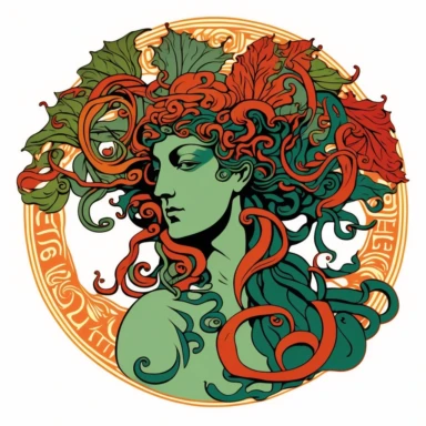 Medusa, art nouveau, bright colours, clipart, centred, white background