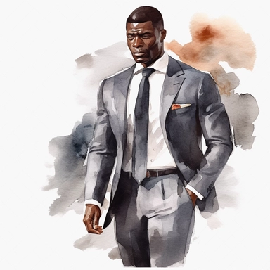 No text Watercolor Clipart Athletic MUSCLE Man in Suit Businessman Handsome Black Skin on white background
