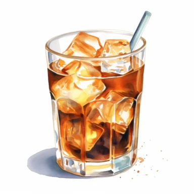 A refreshing glass of iced coffee, featuring a smooth blend of cold brew coffee, ice cubes, and a hint of sweetness, perfect for hot summer days. (Watercolor clipart, white background, no text.)