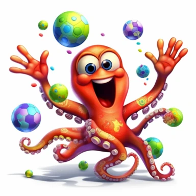 happy octopus, throwing balls in the air, above his head, juggling, colorful, clip art