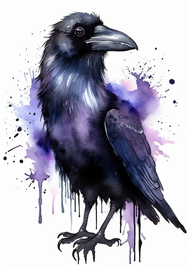 Cute horror gothic raven detailed, watercolor by Thomas w. schaller, clipart, solid background, black color sheme, hd