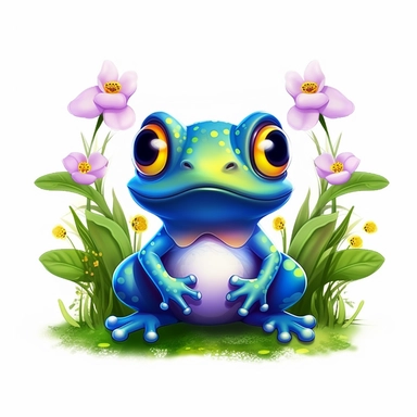 cute blue frog with big round eyes flowers, Illustration clipart, 4K, extremely detailed