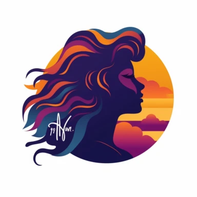 a brand logo set against deep dark purple background, clipart style, woman's face in profile facing right with her hair flowing down from her head counterclockwise ending just below her chin and her hair is the color and shape of pure sunshine while her skin is the color of sunset on the horizon, and around her profile are short yellow wavy rays of sunshine emanating from her in all directions, clean line art, fine line art--HD
