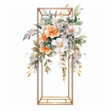 watercolour beautiful realistic white real floral wedding flower spray on gold rectangle tall frame stand realistic elegant wedding floral display stand with white glitter wedding flowers ,clip art graphics , PNG image,transparent background ,ultra highly detailed, 18k, sharp focus, bright photo with vibrant colours, digitally enhanced,photographic, enhanced graphics, png format, straight, sharp focus, bright lighting, intricate detailed png image ,high definition,300dpi,graphic clipart,computer