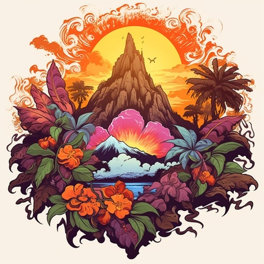 volcano erupting, close up, a sticker, artwork of t shirt graphic of majestic forest, in digital painting style , beautiful flowers, sunset mountains and clouds , big vines, stone temple covered in vines, white background, colorful fantasy flower surround, highly detailed clean, vector image, photorealistic masterpiece, professional photography, realistic, flat white background, isometric, vibrant vector, clipart, illustration, realism, 4k, , cinematic, front view, white background, paradise, ex