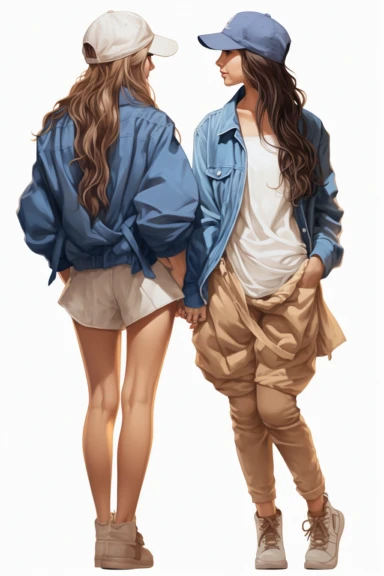 two fullbody women on their backs looking forward , wearing blue short, baseball hat and jackets, clipart