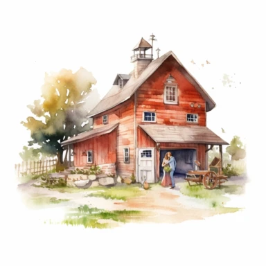 closeup photo of wedding couple in watercolor, Caucasian couple exchanging rings, with a rustic barn in the background, watercolor, Pixar style, Clipart on a white background