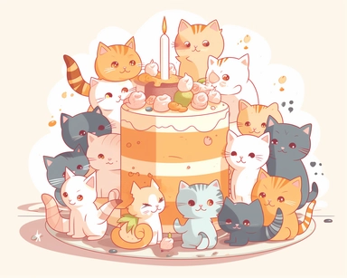 Group of Birthday cats around a cake, cute, party, clipart, simple shapes, kawaii, kitten, Japanese, exited, white background