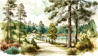 Beautiful landscape scene in Alabama. highly detailed watercolor clipart.