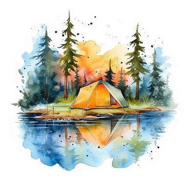 camping, tents, lakes, trees, watercolor, for a t-shirt clipart
