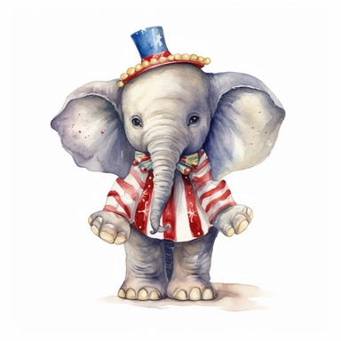 stunning detailed watercolor vintage circus baby elephant, full body, clipart on white background