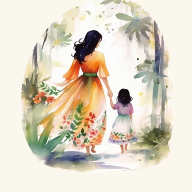 Watercolour illustration, A beautifu mexican Mom and Me Watercolor, Clipart, High Res, Mother's Day, Mother's Love, waterpaint, fresh colors, happy, white backgroundm, simplified Art Nouveau, walking, enchanted forest, front to camera, version 4 style, high detailed, sharp