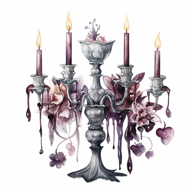 watercolor,gothic candelabra, dripping candel wax, surrounded by dark flowers at the base, highly detailed realistic, dark witchcraft, paint art style, clipart, white background, superrealistic, one of a kind