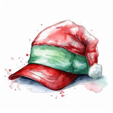 watercolor vintage unique realistic red and green santa hat, clipart, red and green color scheme, photorealistic, vector, on white background, hd