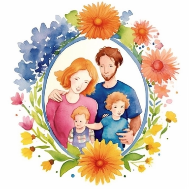 Create a heartwarming hand-drawn watercolor clip art image of a family gift niche adorned with birth flowers representing a family of four. Customize the image by selecting birth flowers for each family member: a January baby (Carnation), an April baby (Daisy), a September baby (Aster), and a November baby (Chrysanthemum). Add a personalized touch by including the family's names or initials within the niche, making it a cherished memento for generations to come.inspired by wildflower meadows