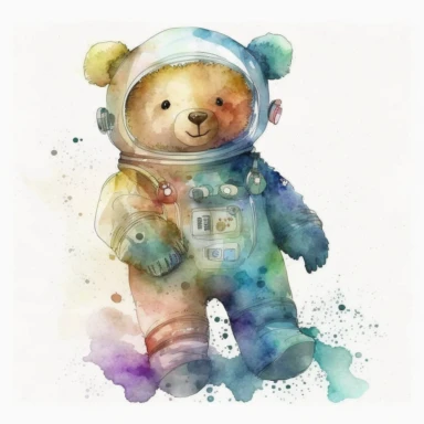 a watercolor happy jointed plain teddy bear in a space suit, clipart, white background, no captions or text