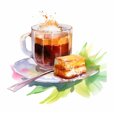Vietnamese coffee in a metal drip filter, with a pandan cake on a plate at it side, Watercolor, pastels, clipart, beautiful, colourfull, png transparent white background, high resolution, no caption q4 s2