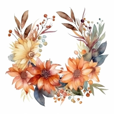 elegant fall flowers wreath ,watercolor clipart ,minimalist ,beautiful colors,isolated white background,8k