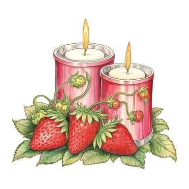 vintage style strawberry scented candles clipart, strawberry scented candles, strawberries, vibrant colors, 1960, vintage, watercolor, realistic drawing in storybook illustration, pencil drawing by Angela Barrett, Elsa Beskow, ultrafine detailed, highly detailed, high resolution, 8K, white background