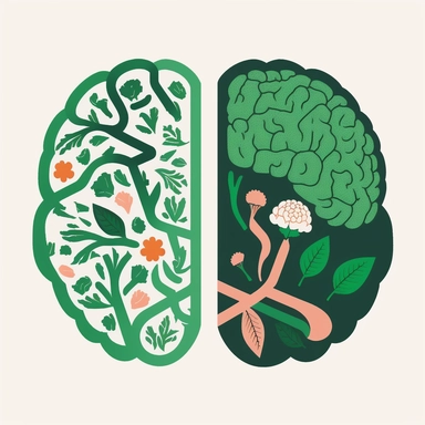 top down view of the left half of a brain in a clip art style made of flowers on the right side of the brain show a green awareness style ribbon