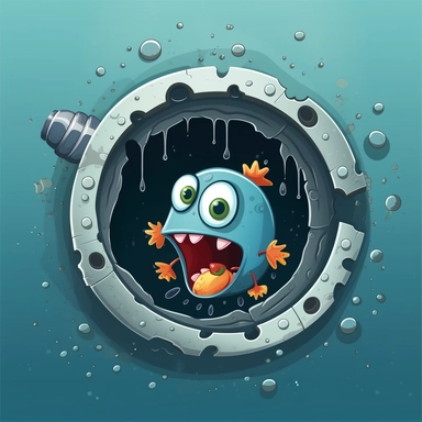 hole in a metal wall, funny alien swimming , trying to crawl out of the hole, fish behind him, clipart style