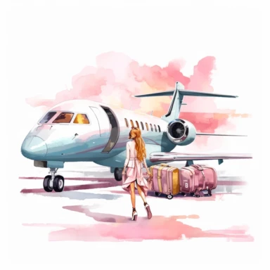 a fancy modern private jet parked with the door open and a woman walking rolling a suitcase towards the jet for an adventure in style and excitement, watercolor style, clean, modern, fairy pastel Floral Clipart, watercolor Illustration clipart, 4K, extremely detailed