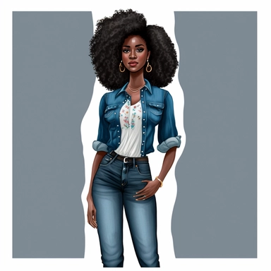 Full body isolated black woman wearing colorful shirt and blue jean pants large curly black natural hair clipart, Fashion Illustration,