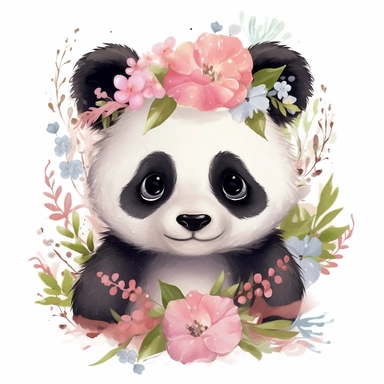 cute fluffy baby panda with some minimalist flowers on its head, disney style, clipart on white background