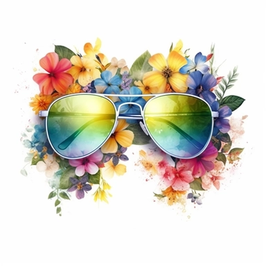 create a clipart featuring a pair of floral aviator mirrored sunglasses, a straight view, a mix of vibrant and pastel colors, rainbow colors, watercolor, against a white background, detailed