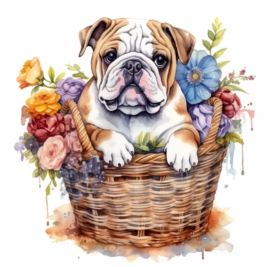 clipart watercolor, very cute english Bulldog puppy, sitting in a basket with flowers, full body, childlike, free brushwork, white background, high solution