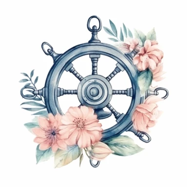 Watercolor hand drawn nautical / marine / floral illustration with steering wheel & flower bouquet with green leaves arrangement. Icon, object, corner, frame clipart for invitations, decoration, DIY.