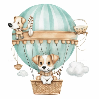 balloon with a basket , Wood dog Pilot Clipart, Aviator Clipart, cute sweet baby animals Illustrations vintage