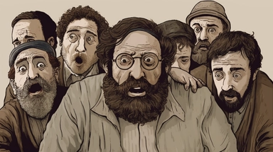 full body portrait of a small terrified group of around five Jewish Rabbi feeling horror +-( ''facial expressions'' = scared )+ white back ground + horizontal images aspects + dark color tones+ vintage drawing style ,clipart drawing, clipart image, high definition drawing, clean colors, balanced colors, detailed drawing, image ratio 16:9 , aspects : high 1920 + width 1080
