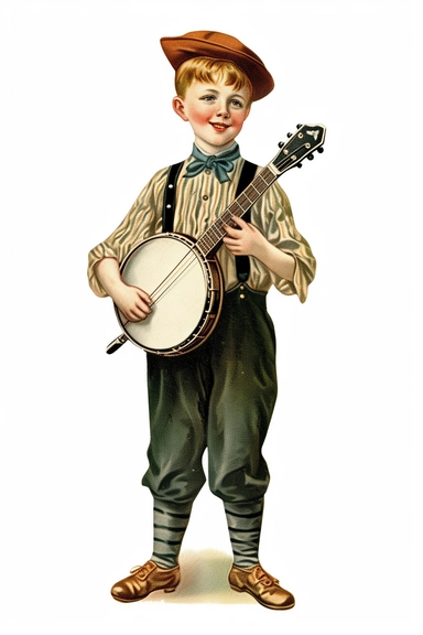Vintage 1920 Full Body View of a Victorian Small Child Playing Banjo Illustration, Chromolithograph, 1920s Illustration, Vintage, Chromolithograph, Colorful, Antique, Ephemera, Clipart, 8k, Isolated on white