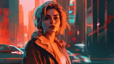 beautiful stunning pretty vintage, futuristic bladerunner style young woman, paint art style, clipart, city landscape background, superrealistic, one of a kind