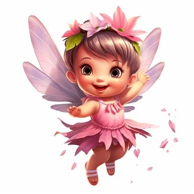 a happy baby fairy girl, pink flower dress, full body image, big wings, pixar style, clipart, white background,