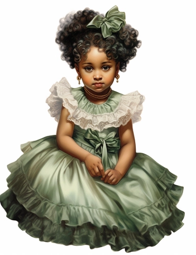 gorgeous african american baby girl in vintage victorian dress, Eyes: Green, clipart, Composition: Relaxed position with intricate high hairstyle, Style: gothic, white background, hyperrealism, 32k