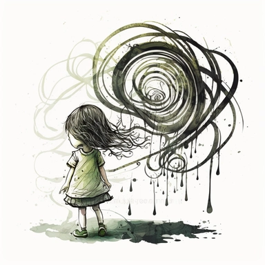 watercolor clipart, A swirl of tangled, dark, and murky lines that are drawn in a way that suggests movement and tension, tightening and knotting the child's heart, White background, children`s book illustration